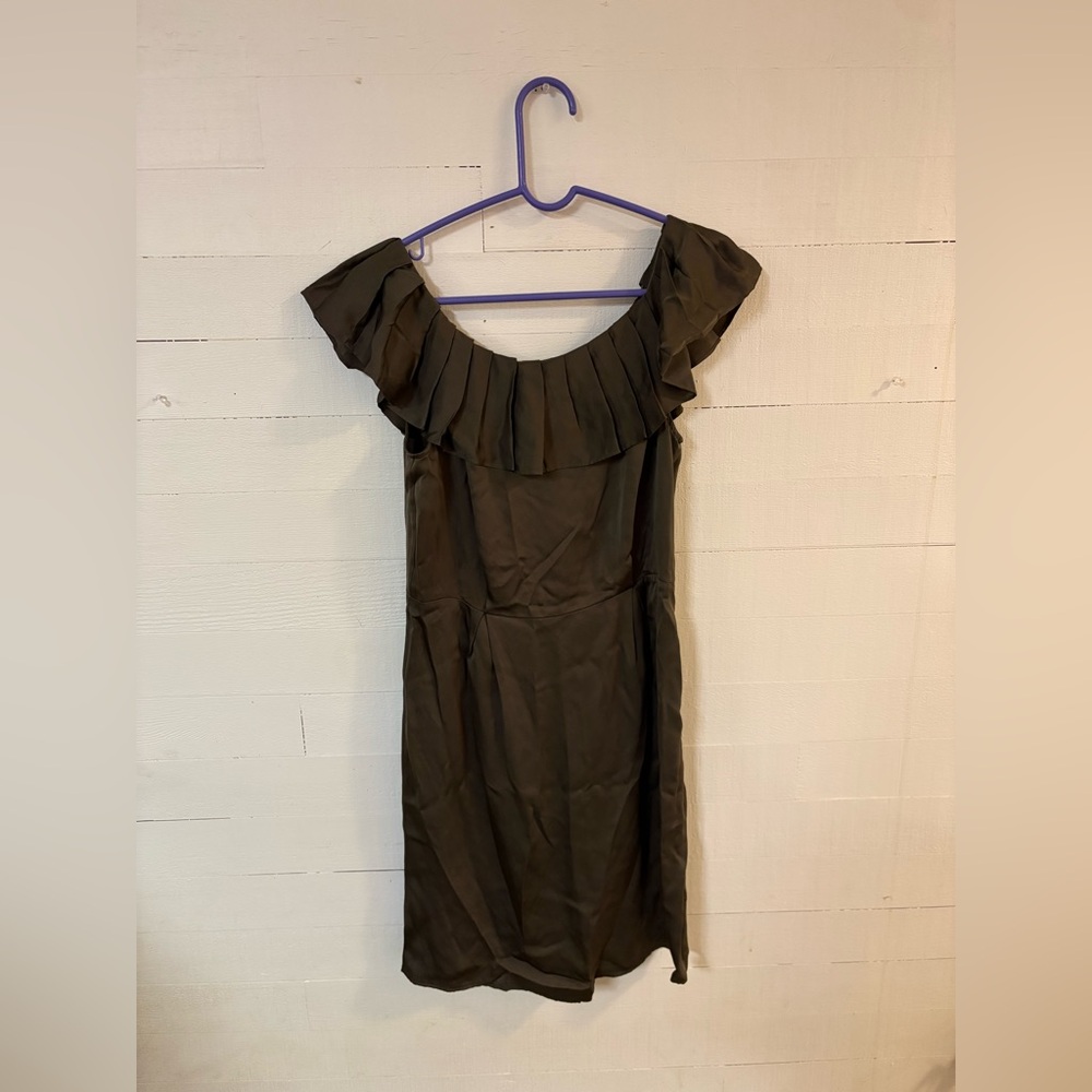 Banana Republic Silk Off Shoulder Ruffle Dress Charcoal Grey Small - Picture 2 of 9